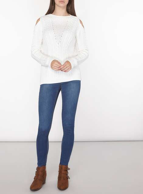 **Tall Ivory Cable Cold Shoulder Jumper